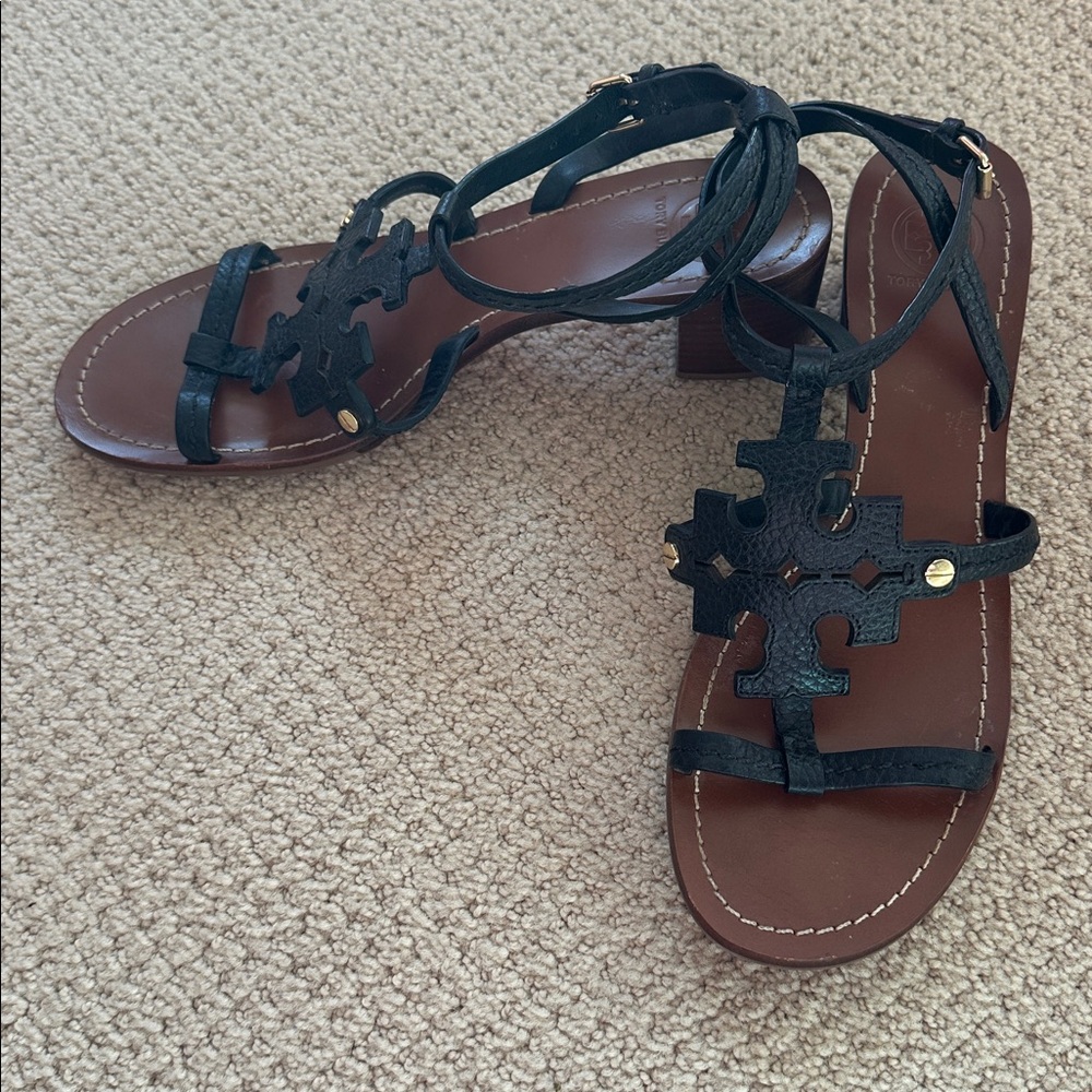 Tory Burch Black Leather Logo Sandal